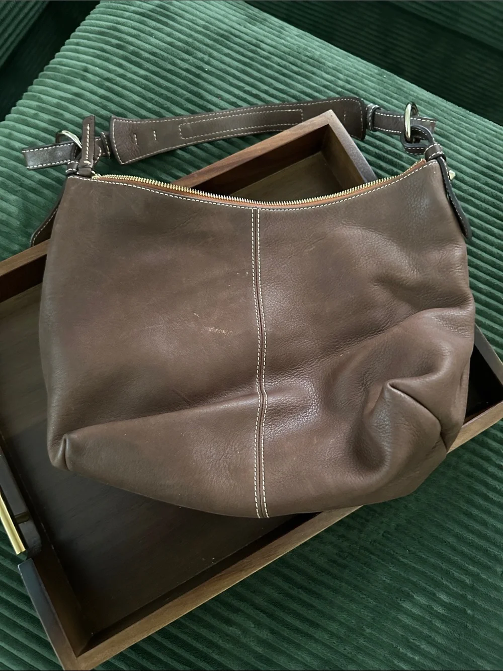 Dooney & Bourke Brown Leather Shoulder Bag with Dual Zip Accents